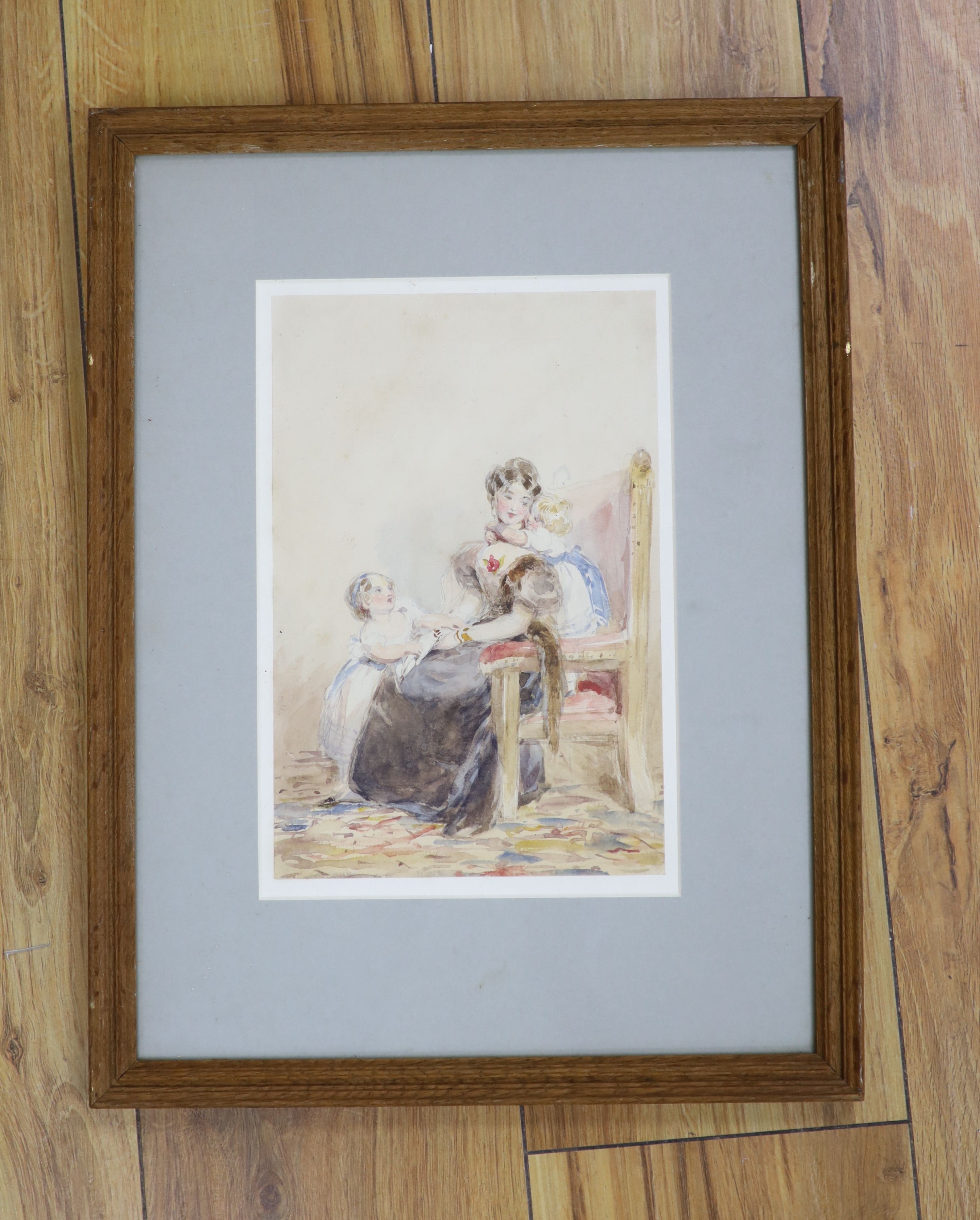 Frederick Tayler (1802-1889), watercolour, Mother and two children, Agnews label verso, 24 x 16cm